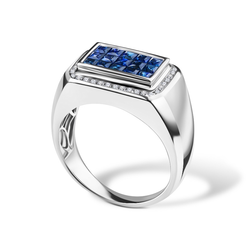 14K White Gold Men's Invisible Set Sapphire Ring (1.83 ctw)